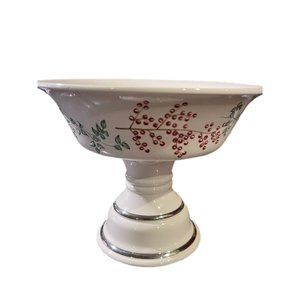 Holly Berries Holiday Ceramic Candle Pedestal Candy Dish Bath & Body Works 6 In